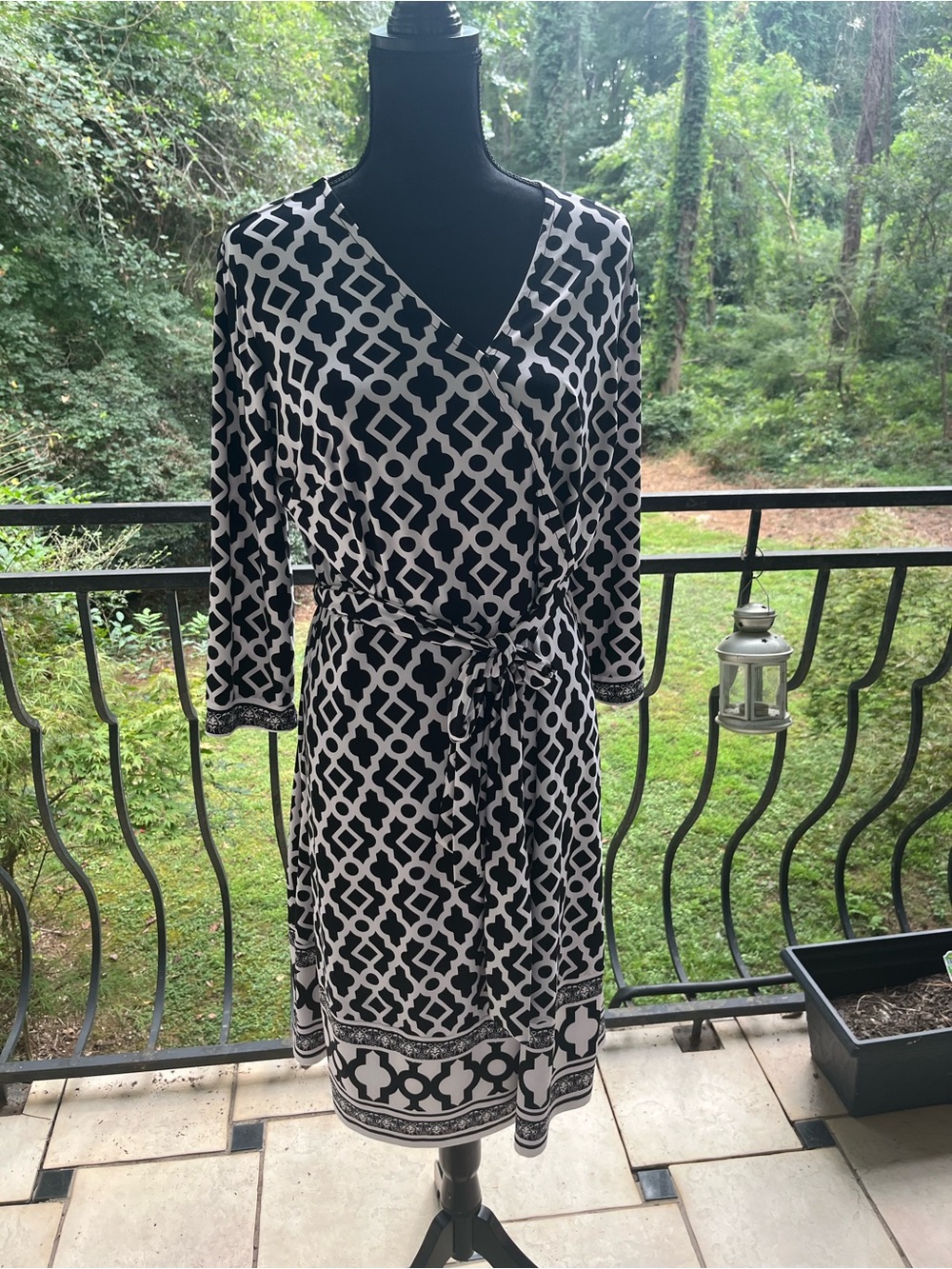 INC International Concepts Black and White Geometric Faux Wrap Dress